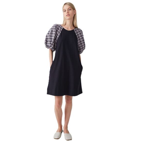 COS Navy Blue Cotton A-Line Shift Dress with Checked Plaid Puff Sleeves, Size S - Picture 1 of 8